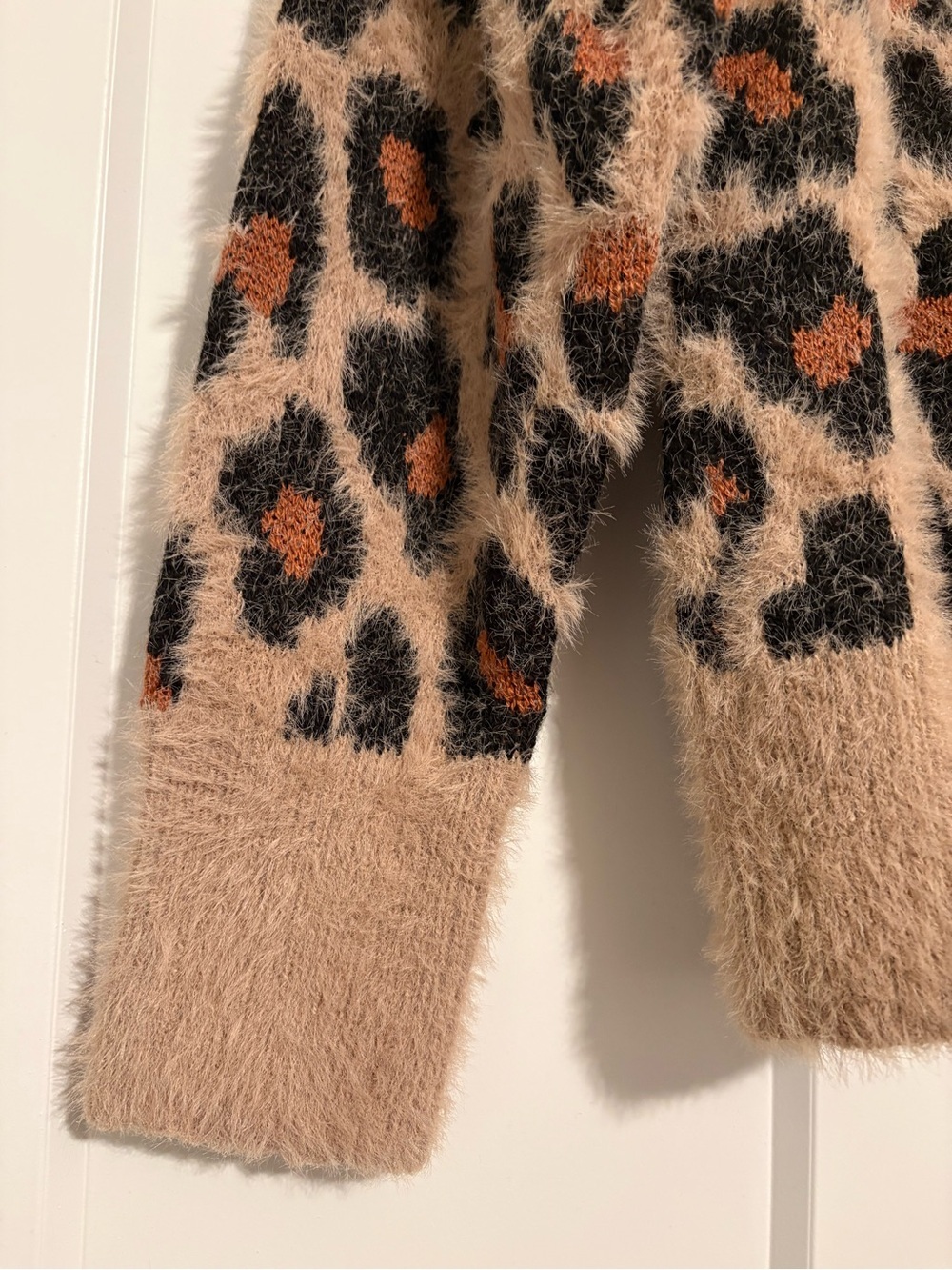 Time and Tru Beige Leopard Fuzzy Crewneck Sweater with Black and Rust Spots - Picture 4 of 6